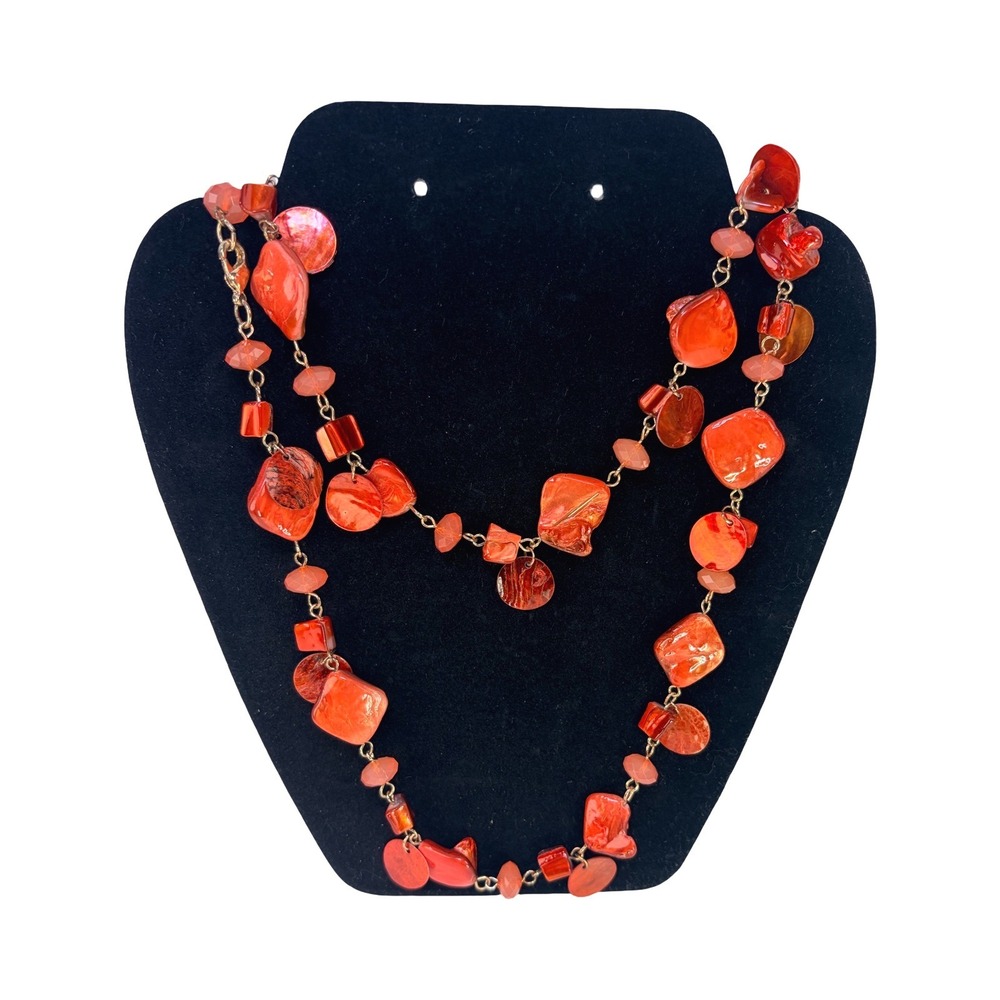 VTG Coral Red Mother of Pearl Shell Bead Long Necklace Layered Gold Tone Chain